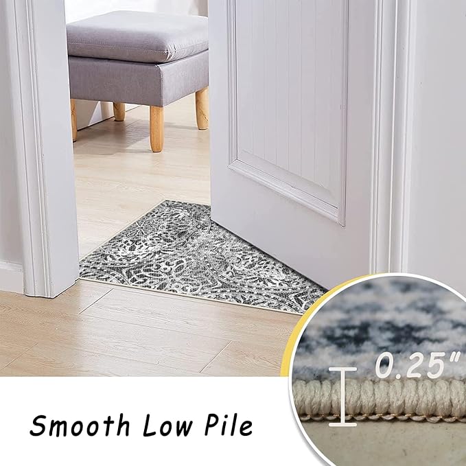 vivorug Round Rug 4ft Vintage-Inspired Round Area Rug Non-Slip Indoor Carpet for Living Room Bedroom Entryway, Stain Resistant Home Decor Circle Rug, Grey Medallion