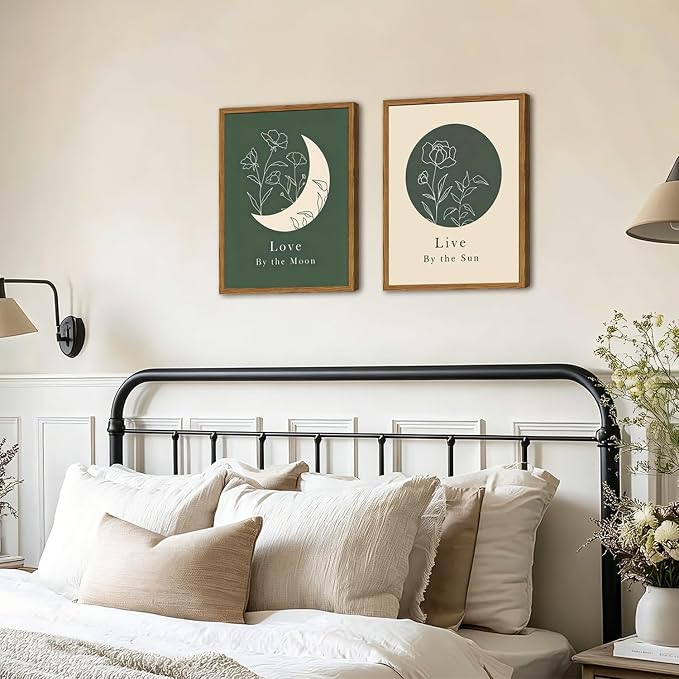 Framed Boho Sun and Moon Wall Art Set of 2, Sage Green Floral Line Pictures - Image 4