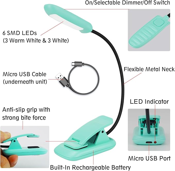 BIGMONAT Rechargeable Book Reading Light, Portable Bendable Neck, Brightness - Image 2