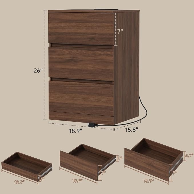 Nightstands Set of 2 with Charging Station and Hidden Drawer, Walnut | Bedside - Image 3