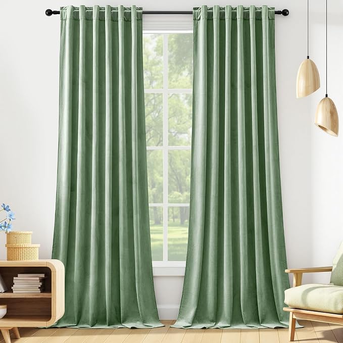 Extra Long Sage Green Velvet Blackout Curtains 108 Inches Room Darkening | by AUSSPVOCT
