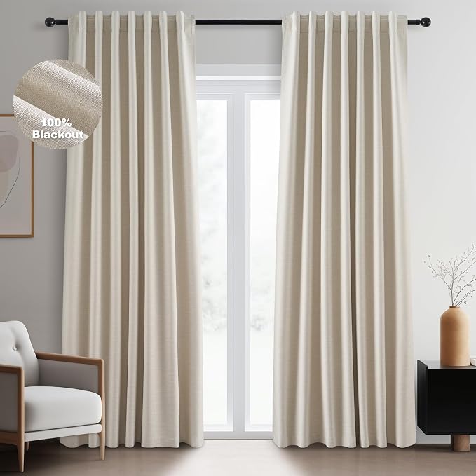 Topfinel 100 Inch Custom Linen Blackout Curtains, Modern Beige Textured Linen by Topfinel