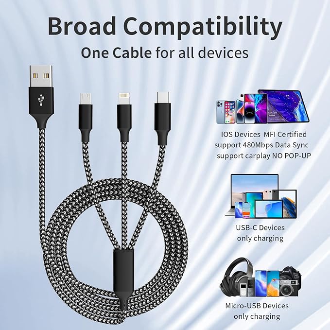 Firsting Multi Charging Cable,(2Pack 4FT) 3 in 1 Charging Cable for Multiple Devices, Nylon Braided Universal Charger Phone Charger Cord with Type-C,Micro USB,IP Port for iPhone16/15 Series/Phone&Pad