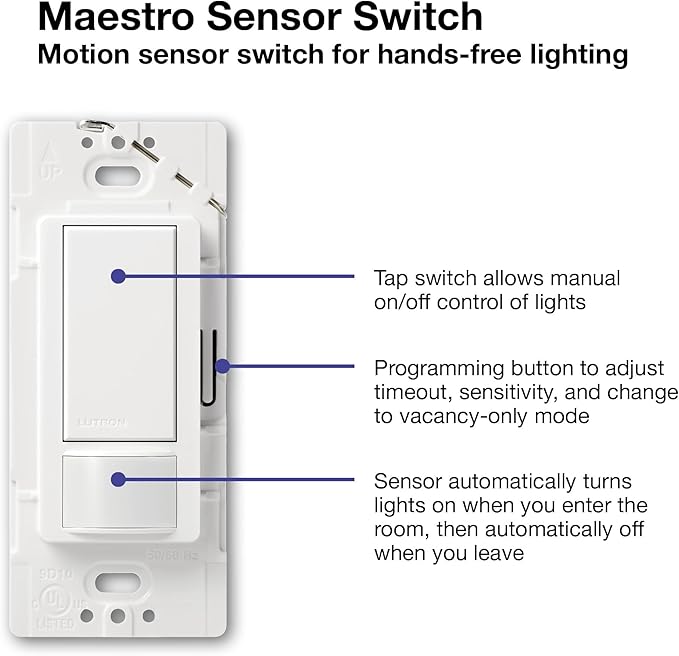 Lutron Maestro Motion Sensor Light Switch Indoor for Bathroom, Garage, Laundry Room, Any Bulbs, Occupancy Vacancy Sensor, Single-Pole, MS-OPS2-WH, White