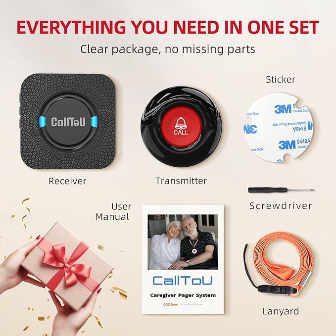 CallToU Wireless Caregiver Call Button Elderly Monitoring Alert Systems for Seniors 1 Plugin Receiver 2 Waterproof Transmitters