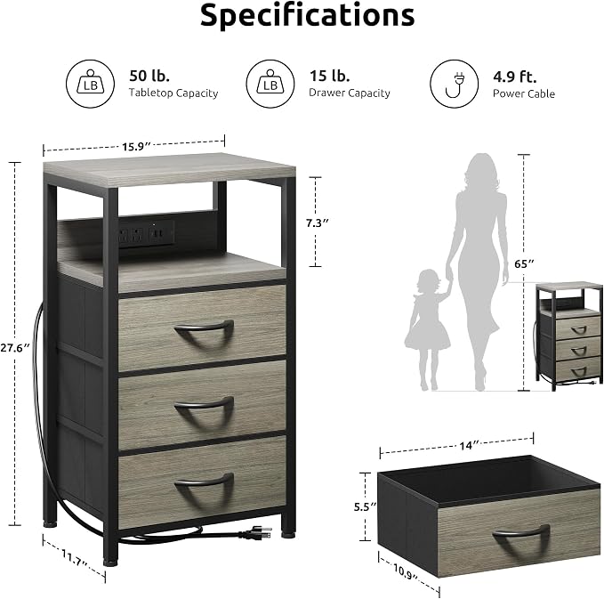 Lazzanto Night Stand with Charger Station, 3 Fabric Drawers, Bedside Table - Image 3