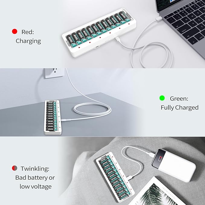 Dlyfull 12 Bay AA AAA Battery Charger, USB and Type-C Selectable High-Speeding Charging for Ni-MH Ni-CD Rechargeable Batteries, USB Cable Included