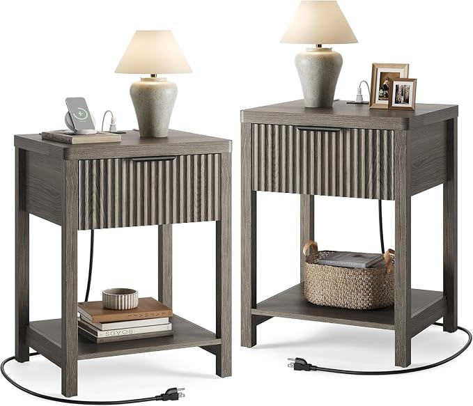 Night Stand Set 2, Fluted Wood Nightstands w/Charging Station by Lulive