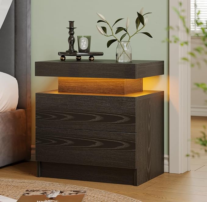 Modern Black LED Nightstand for Bedroom Bedside Table by Unknown