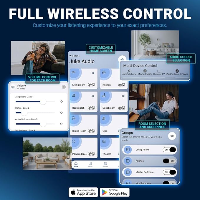 Juke-8: 8 Zone Multi-Room Amplifier | Built-in Music Streaming & Wireless App Control | Supports 8 Audio Sources Simultaneously | Whole Home Audio System | Airplay 2, Spotify Connect, Bluetooth