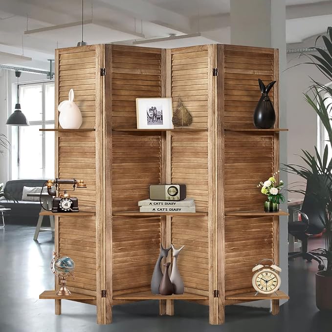 Room Divider with Shelves, 4 Panel Brown Privacy Screen | Partition Room - Image 5