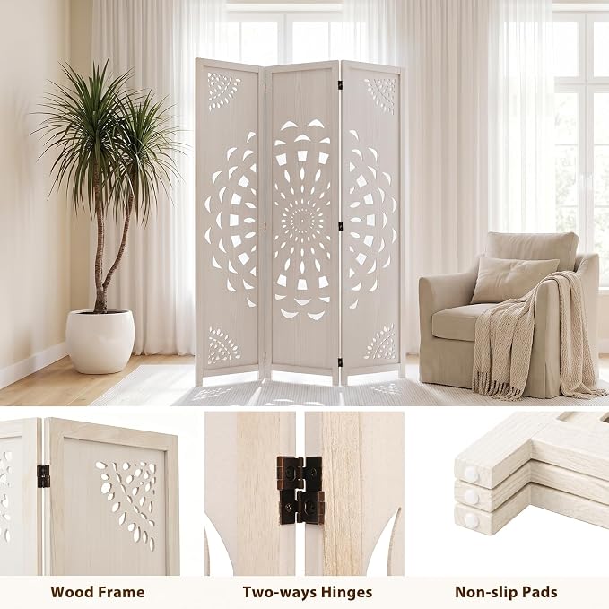 3 Panel Room dividers, 66.9" Boho Double-Sided Carved Screen, Freestanding - Image 2