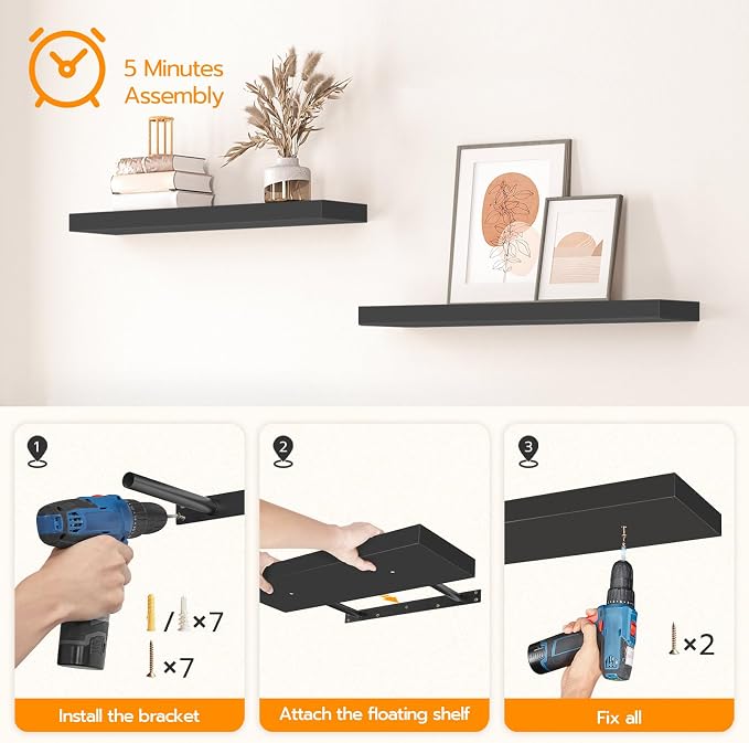 HOOBRO Floating Shelves for Wall, Wall Mounted Shelf Set of 2, 23.6" Hanging - Image 7