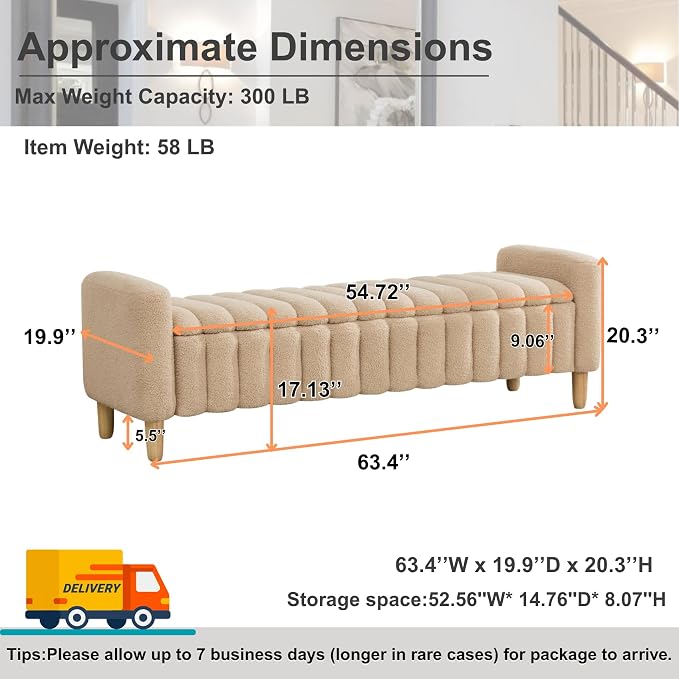 63.4" Cute Teddy Fabric Ribbed King Size End of Bed Bench. | Entryway Ottoman - Image 2