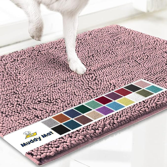 Muddy Mat® AS-SEEN-ON-TV Highly Absorbent Microfiber Door Mat and Pet Rug, Non Slip Thick Washable Area and Bath Mat Soft Chenille for Kitchen Bedroom Indoor and Outdoor - Light Pink 24" x 72"