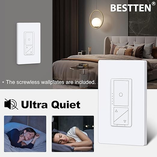 BESTTEN Super Slim Digital Led Dimmer Switch with Air Gap Power Cut Off Switch, 3 Button Control, Single Pole or 3 Way Dimmable Dimmer, Screwless Wallplate Included, ETL Listed, White