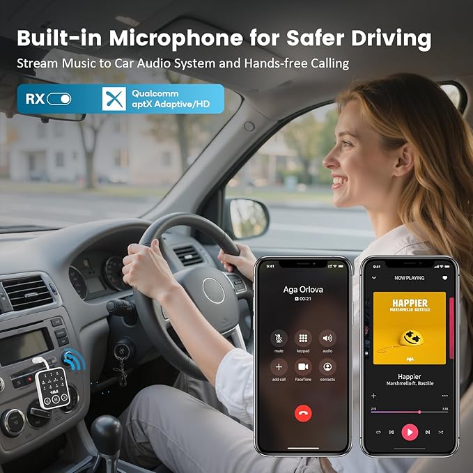 1Mii Bluetooth 5.3 Transmitter Receiver 2-in-1, aptX Adaptive & Low Latency Wireless Audio Adapter for Airplane, Dual Link 2 Devices, 25H Playtime, 3.5mm AUX for TV/Car/Home Stereo/Gym -White
