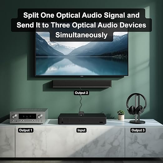 J-Tech Digital Toslink Optical Splitter 1 in 3 Out for TV, Toslink Splitter 1x3 Audio Splitter Supports LPCM2.0, Digital 5.1 Audio for Soundbar AV Receiver Gaming Console [JTD-SP0103]