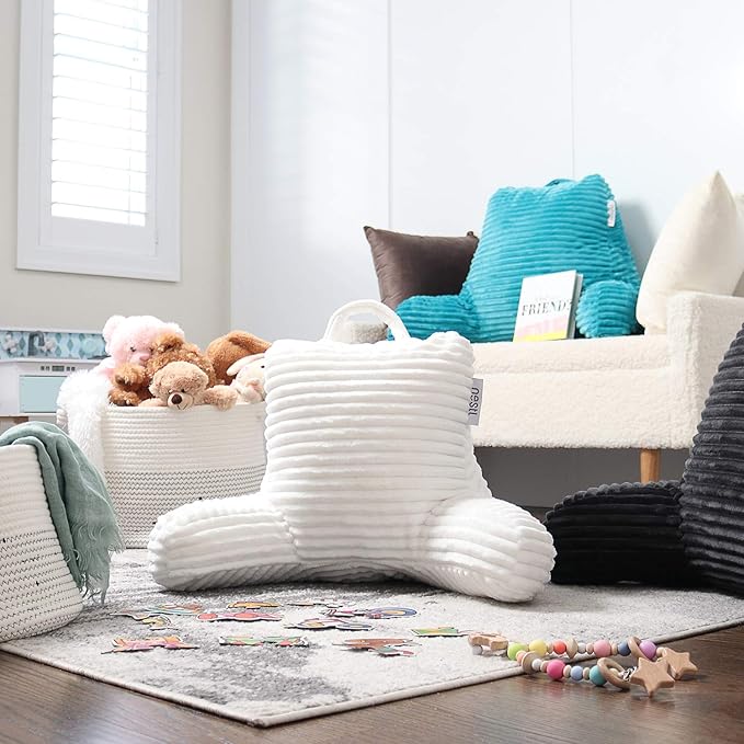 Nestl Reading Pillow for Kids & Teens with Shredded Memory Foam, Luxe Cut Plush Backrest Pillows for Reading and Gaming, for use on Couch, Bed, Floor, Adjustable Support with Washable Cover White