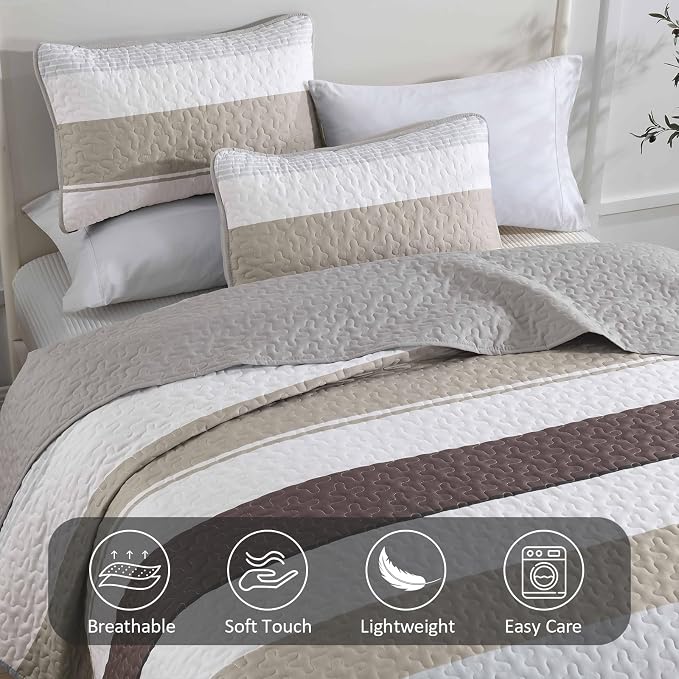 Dinjoy King Size Boho Stripe Quilt Set, Breathable All-Season, 3-Piece Set Fits - Image 7