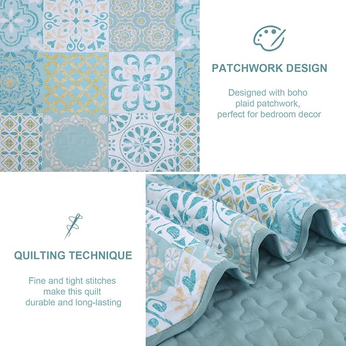 Dobuyly Patchwork Quilt Set King Size, Aqua Blue Boho Summer Bedspreads - Image 5