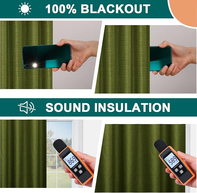 Diraysid 100% Blackout Curtains Olive Green Linen Curtains - Image 4