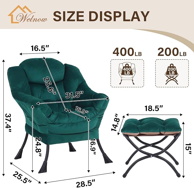 Welnow Lazy Chair with Ottoman, Reading Chair with Footrest, Dark Green | A - Image 3