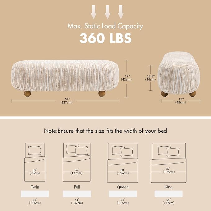 Hyfirm 54" Oatmeal Linen Upholstered Bench – Beige End of Bed Ottoman - Image 2
