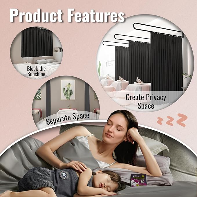 U-Shape Room Divide with Metal Support Rod, Wall Mounted Privacy Partition - Image 4