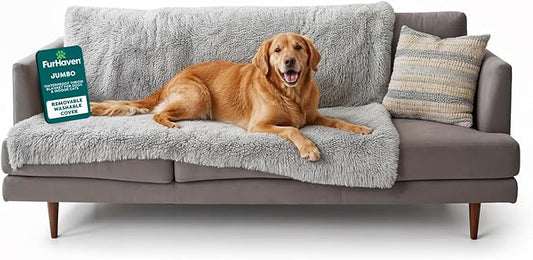 FurHaven Waterproof Throw Blanket For Dogs & Indoor Cats, Reversible Protective Pet Blanket, Extra Large, Long Faux Fur & Velvet, Mist Gray