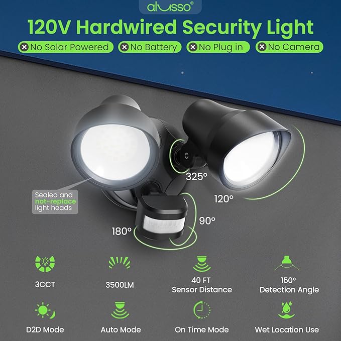 ALUSSO Motion Sensor Outdoor Lights, 30W 3500LM Flood Lights Outdoor, 3 Modes (Dusk to Dawn/Auto/On Time), 3CCT 3000K/4000K/6500K Waterproof Hardwired Security Light ETL Listed for Porch Garage, 1PC