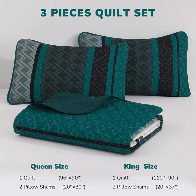 Dinjoy Quilts King Size, Striped Bedspread Bedding Sets, Dark Green | 3 Pieces - Image 6