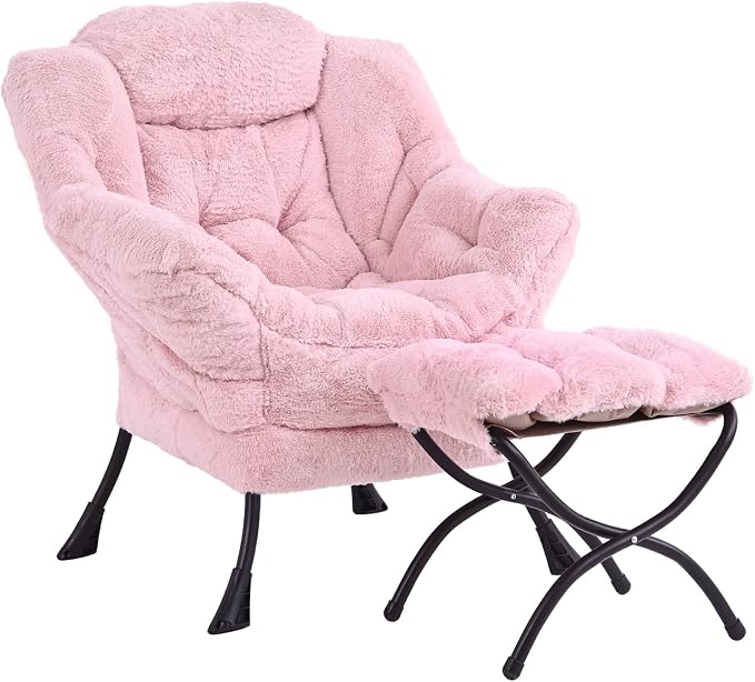 Lazy Chair with Ottoman, Comfy Accent Reading Chair, Plush Pink | Foldable by LITA
