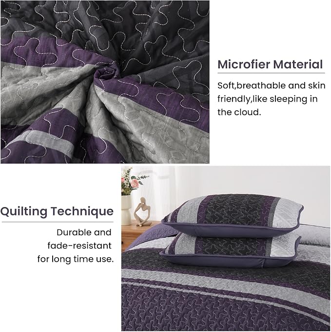 Dinjoy California King Quilt Set Purple, Striped Bedspread, Bedding Sets | 3 - Image 5