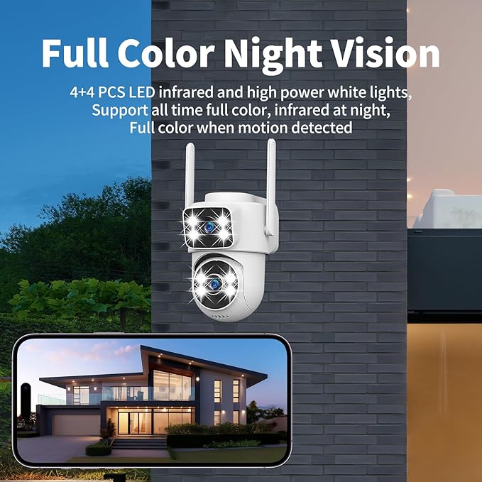 DZCCTVIPC Dual-Lens 2K Smart Indoor/Outdoor Security Camera, 5GHz Wi-Fi, 360° AI Motion Tracking,Color Night Vision,IP65 Weatherproof, 2-Way Audio,24/7 Recording,Works with Alexa & Google (No SD Card)