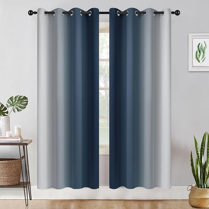 COSVIYA Grommet Room Darkening Ombre Navy Blue Curtains W52xL72 inch | Navy and - Image 2