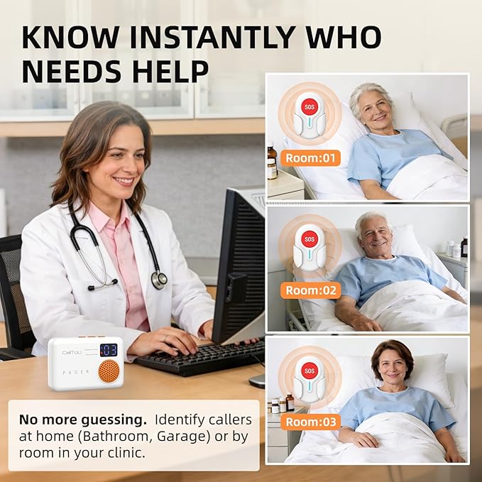 CallToU Wireless Caregiver Pager with Call Button for Elderly at Home, Portable Nurse Alert System with Vibration/for Patients and Disabled, 500ft Ranger (2 Call Buttons + 2 Receivers)