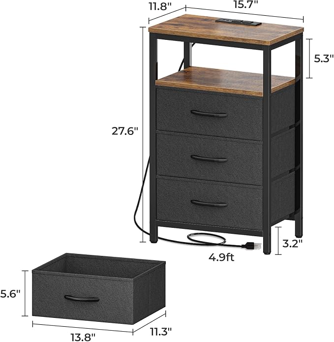 Huuger Nightstand with Charging Station, 27.6 Inch Bedside Table, Side Table | - Image 7
