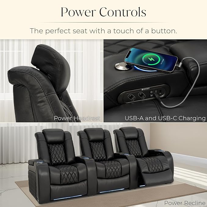 Seatcraft Diamante Zero-Gravity CoolZero Italian Leather Home Theater Seating, Power Headrest, Power Recline, Row of 5 Sofa, Black