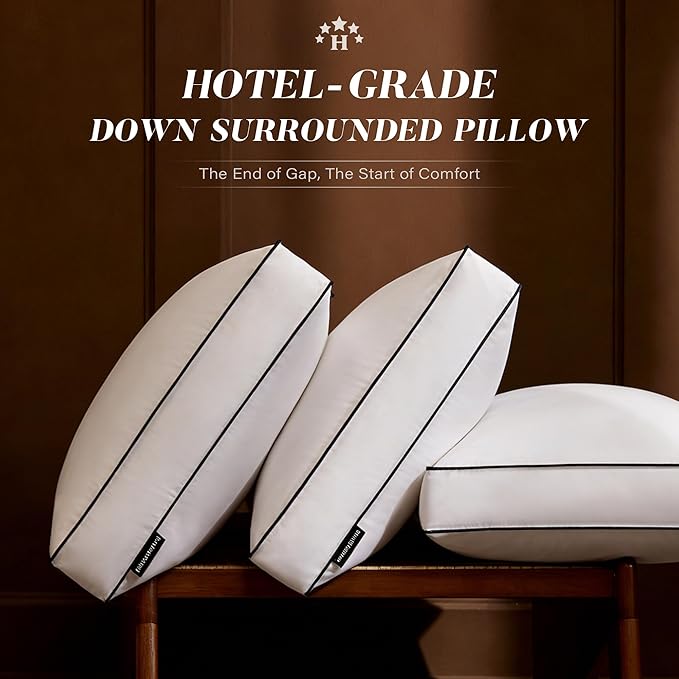 Firm Goose Feather Down Pillow Queen Size Set of 2, Down Surrounded Hotel Collection Bed Pillows for Sleeping with 3 Inch Gusset, 2 Pack, Fluffy Plush for Side Sleepers 20x30 in.