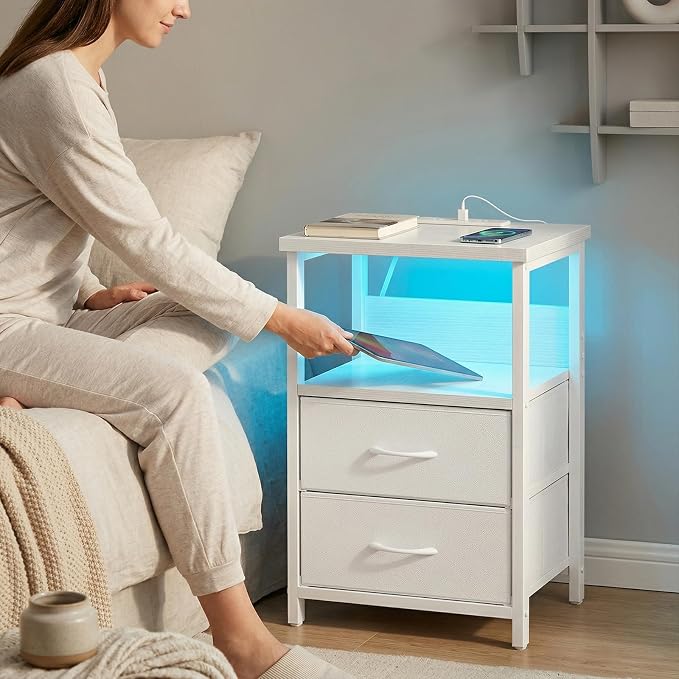 Fixwal Night Stand with Charging Station, 2 Drawers | fabric drawer, built-in - Image 2