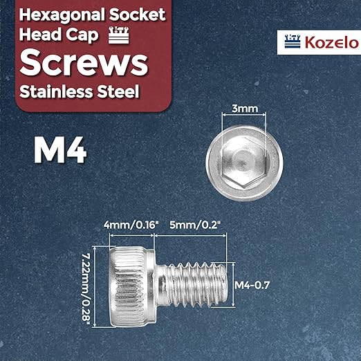 Kozelo 100pcs Socket Head Cap Screws - [M4-0.7 x 5mm] 304 Stainless Steel Allen Socket Drive for Electrical Motor 3D Printing Fan Engine Replacement Use, Silver