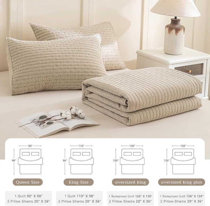 CozyTide Oversized King Quilt 120x120, Stone-Washed Cotton Wheat Oversized King - Image 7