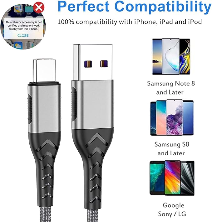 Durcord USB C Charger Cable, Upgarded 2Pack 1ft Fast ChargingUSB Type C Charging Cord Cable, Type C Charger Nylon Braided USB Cable Compatible with iPhone 15 Pro/Plus/Max/Android/Phone/Pad-Silver