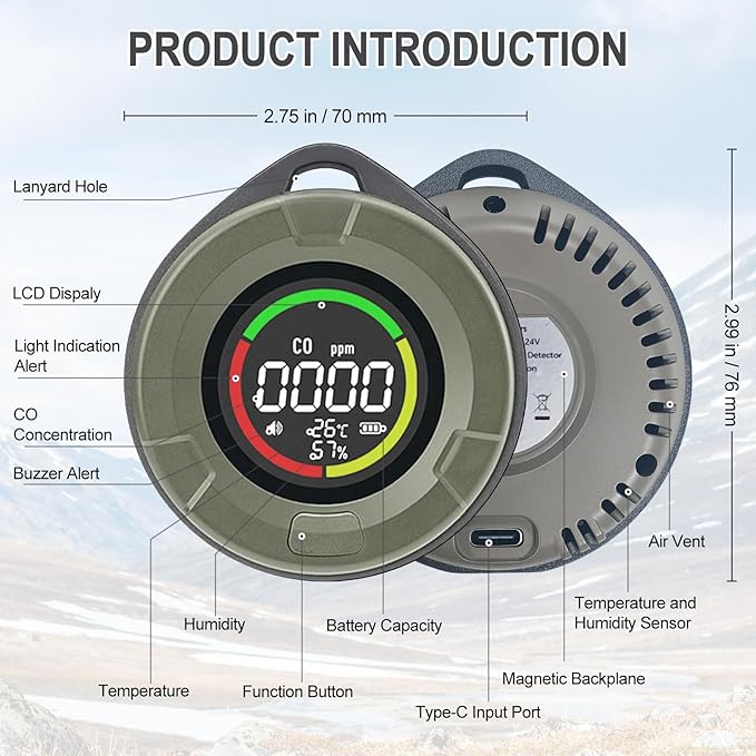 3-in-1 Portable Carbon Monoxide Detectors for Travel, Temp/Humidity Sensor, 140H Standby, Rechargeable Carbon Monoxide Monitor Alarm with Magnetic Back, CO Detector for Home/Camping/Travel/RV/Car