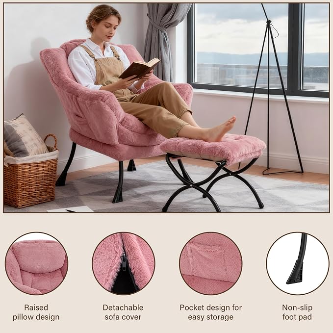 Welnow Lazy Chair with Ottoman, Reading Chair with Footrest, Plush Dark Pink | - Image 4