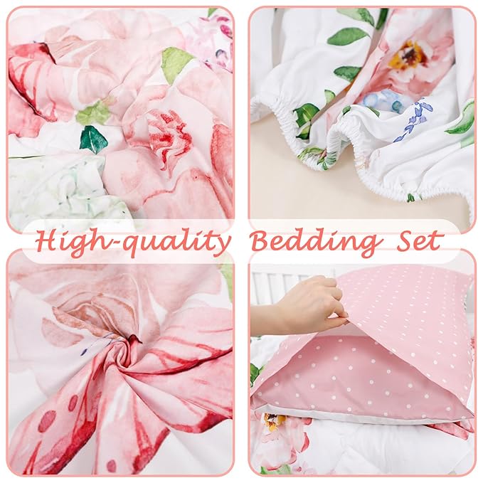 4 Piece Toddler Bedding Set for Girls, Butterfly Toddler Comforter Set, Ultra Soft Toddler Bed Set Includes Comforter, Flat Sheet, Fitted Sheet, Pillowcase (Pink Floral & Butterfly Pattern)