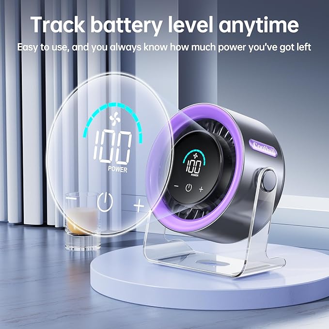Coolhill USB Desk Fan for Bedroom: 100 Speeds Digital Display Quiet Table Fan with Turbo Airflow, 120° Rotating Small Rechargeable Battery Desktop Fans for Bedroom Home Office (Purple)