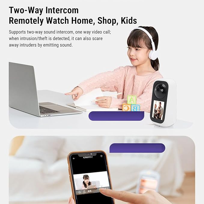 PUSOKEI 2K Security Camera Indoor, 360 PTZ Surveillance Camera with 2.8" IPS HD Screen & App, Al Human Detection, 2 Way Video Call, One Key Call, APP & Alert Push