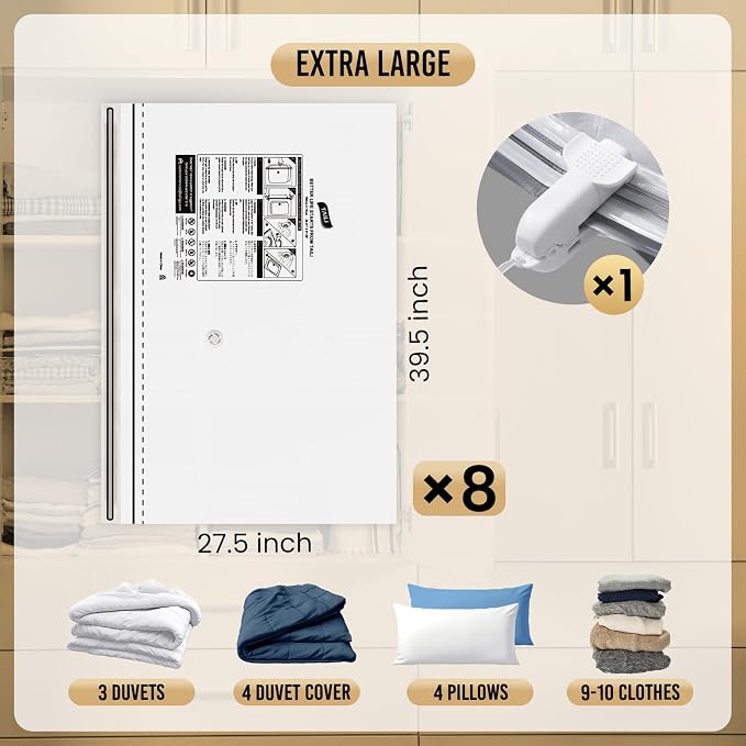 TAILI 8 Pack Vacuum Storage Bags, Jumbo LONG SIDE ZIP, Space Saver - Image 3
